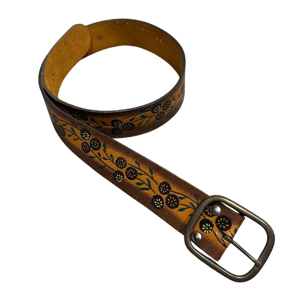 Women Brown Leather Size 30 Belt Floral Vine Painted Embossed Blazed Cowhide USA